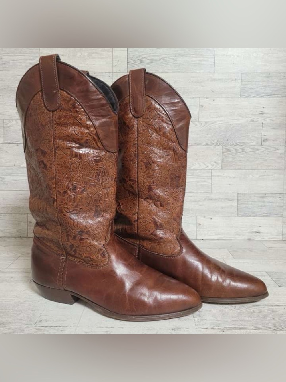 Women's Laredo Brown Leather Hand Tooled Rodeo Western Cowboy Boots Size 6.5
